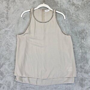 DKNYC Sleeveless Top Womens Medium Beige Overcast Beaded Neckline Layered Blouse